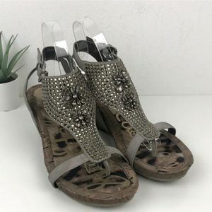 Sam Edelman Neva Gray Suede Flower Bead Jeweled Cork Wedge Sandals Size 9M